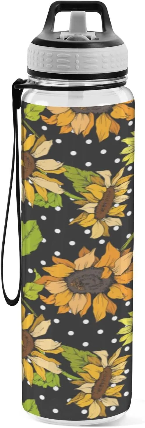 Fustylead Sunflower Polka Dot 32oz Water Bottle with Straw, Leakproof Clear Sport Water Bottles for Gym Camping Hiking Travel