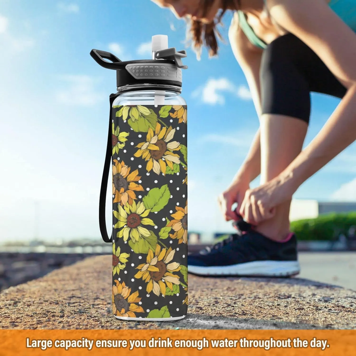 Fustylead Sunflower Polka Dot 32oz Water Bottle with Straw, Leakproof Clear Sport Water Bottles for Gym Camping Hiking Travel