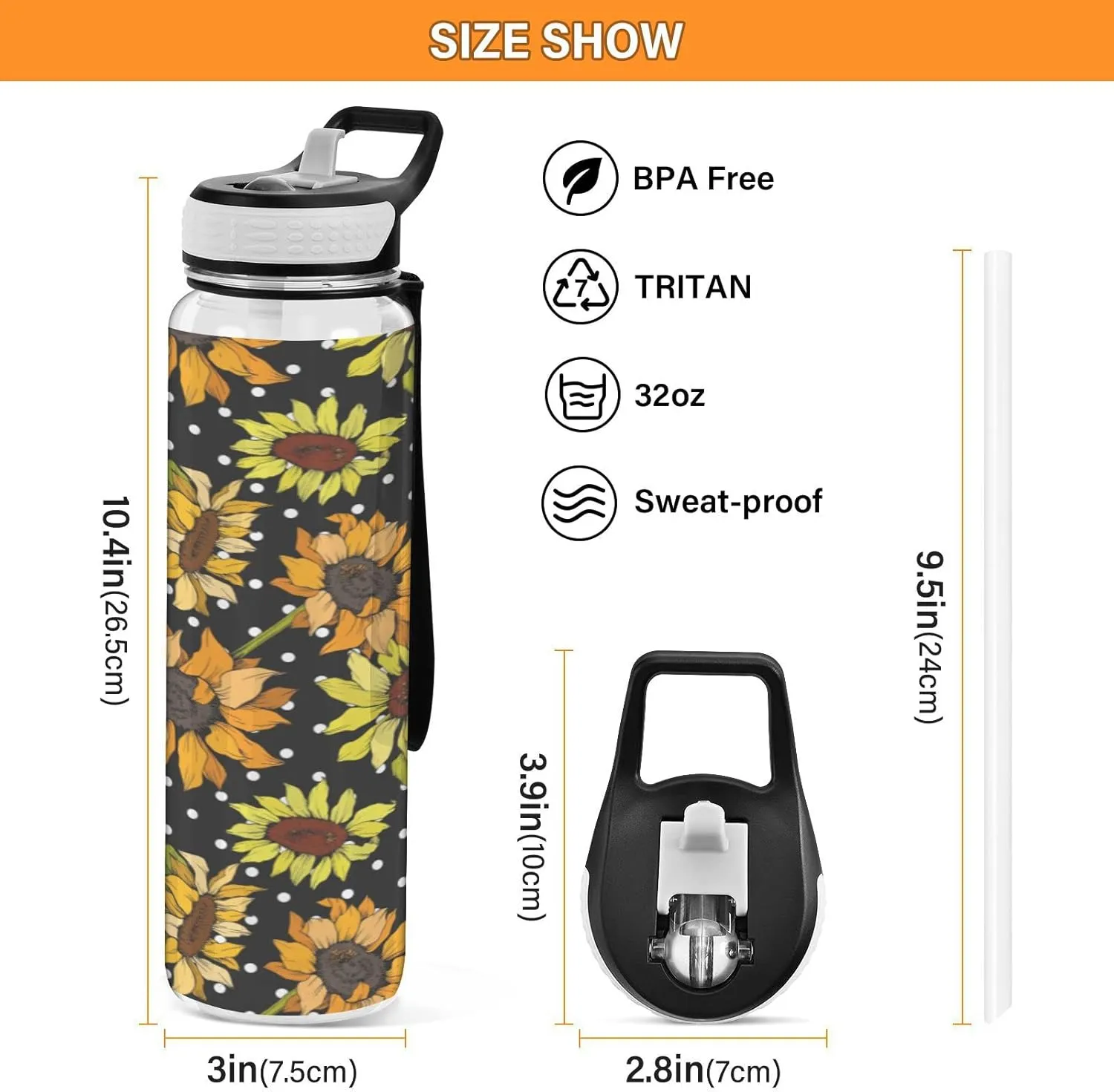 Fustylead Sunflower Polka Dot 32oz Water Bottle with Straw, Leakproof Clear Sport Water Bottles for Gym Camping Hiking Travel
