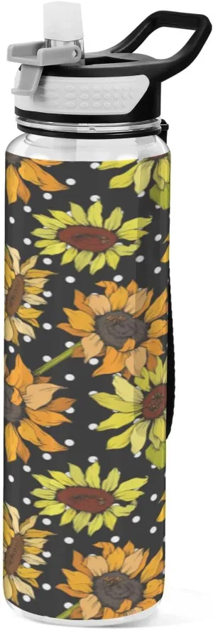 Fustylead Sunflower Polka Dot 32oz Water Bottle with Straw, Leakproof Clear Sport Water Bottles for Gym Camping Hiking Travel
