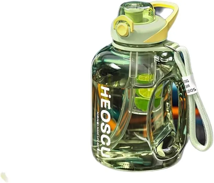 Gallon Water Bottle with Time Marker and Straw, Half Gallon Water Bottle with Handle, Reusable Leak Proof Sport Water Jug for Camping, Exercising, BPA Free (Green)