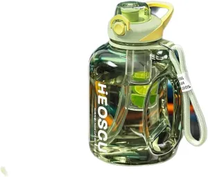 Gallon Water Bottle with Time Marker and Straw, Half Gallon Water Bottle with Handle, Reusable Leak Proof Sport Water Jug for Camping, Exercising, BPA Free (Green)