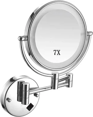 GALSOR Makeup Mirror Wall Mounted Magnifying 7X, Bathroom Mirror Double-Sided Makeup Mirror Round 360 Rotation, USB Rechargeable (Color : Chrome)