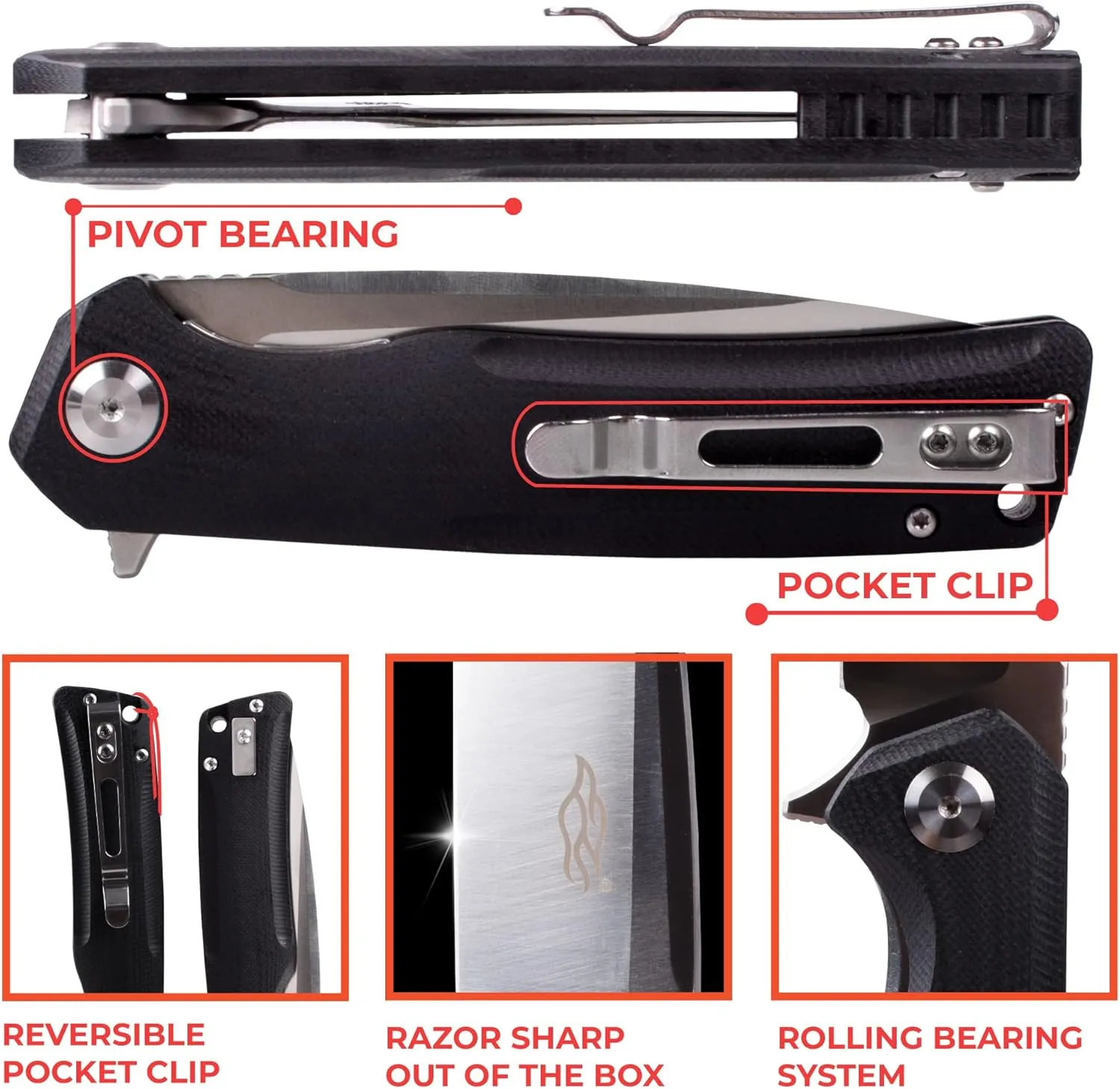 Ganzo Firebird FH91-BK Pocket Knife D2 Steel Blade Ergonomic G10 Non-Slip Handle with Clip Camping Fishing Hunting Equipment Outdoor Flipper EDC Pocket Knife (Black)