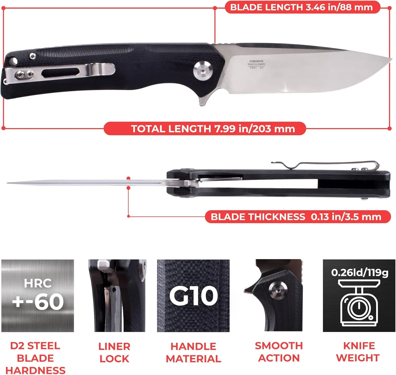 Ganzo Firebird FH91-BK Pocket Knife D2 Steel Blade Ergonomic G10 Non-Slip Handle with Clip Camping Fishing Hunting Equipment Outdoor Flipper EDC Pocket Knife (Black)