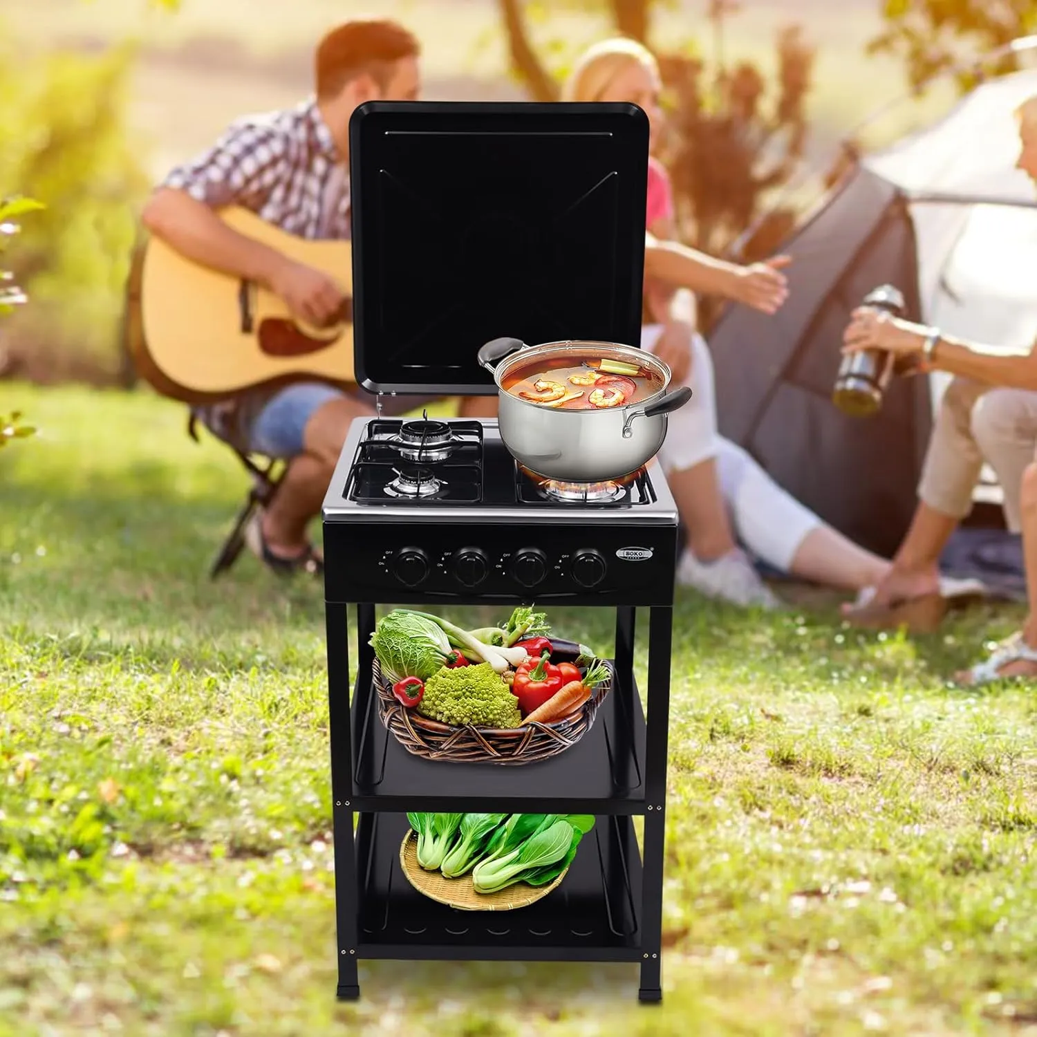 Gas Camping Stove Portable and Free-standing Outdoor Stove with 4 Independently Adjustable Burners and Windproof Design with Detachable Two-Layer Shelf