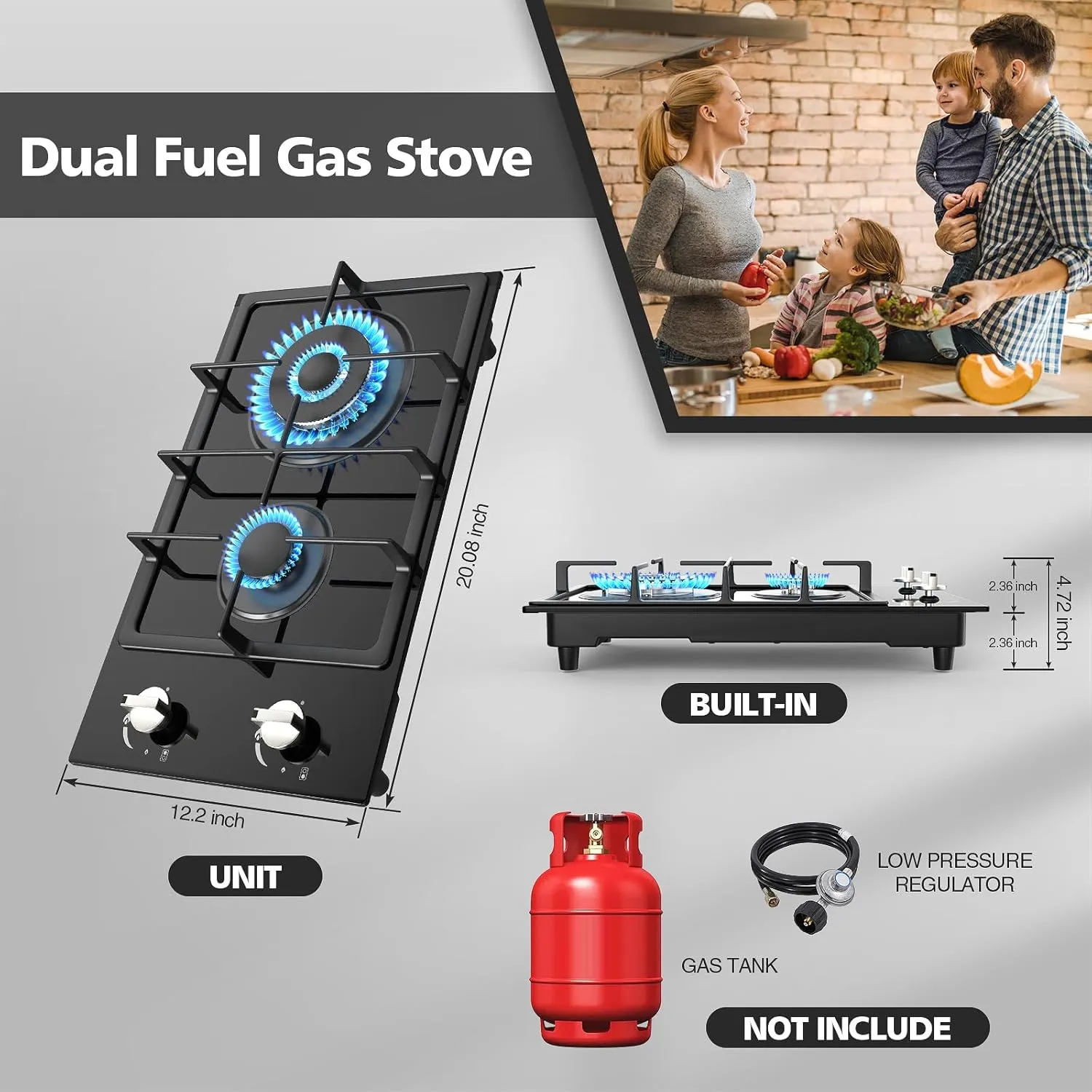Gas Stove 2 Burner Propane Cooktop 12 inch, Nafewin Tempered Glass Gas Cooktop Gas Stove Burner with Thermocouple Protection, Lpg/Ng Dual Fuel Built-in Gas Stove Top for Apartments, Outdoor, Rvs