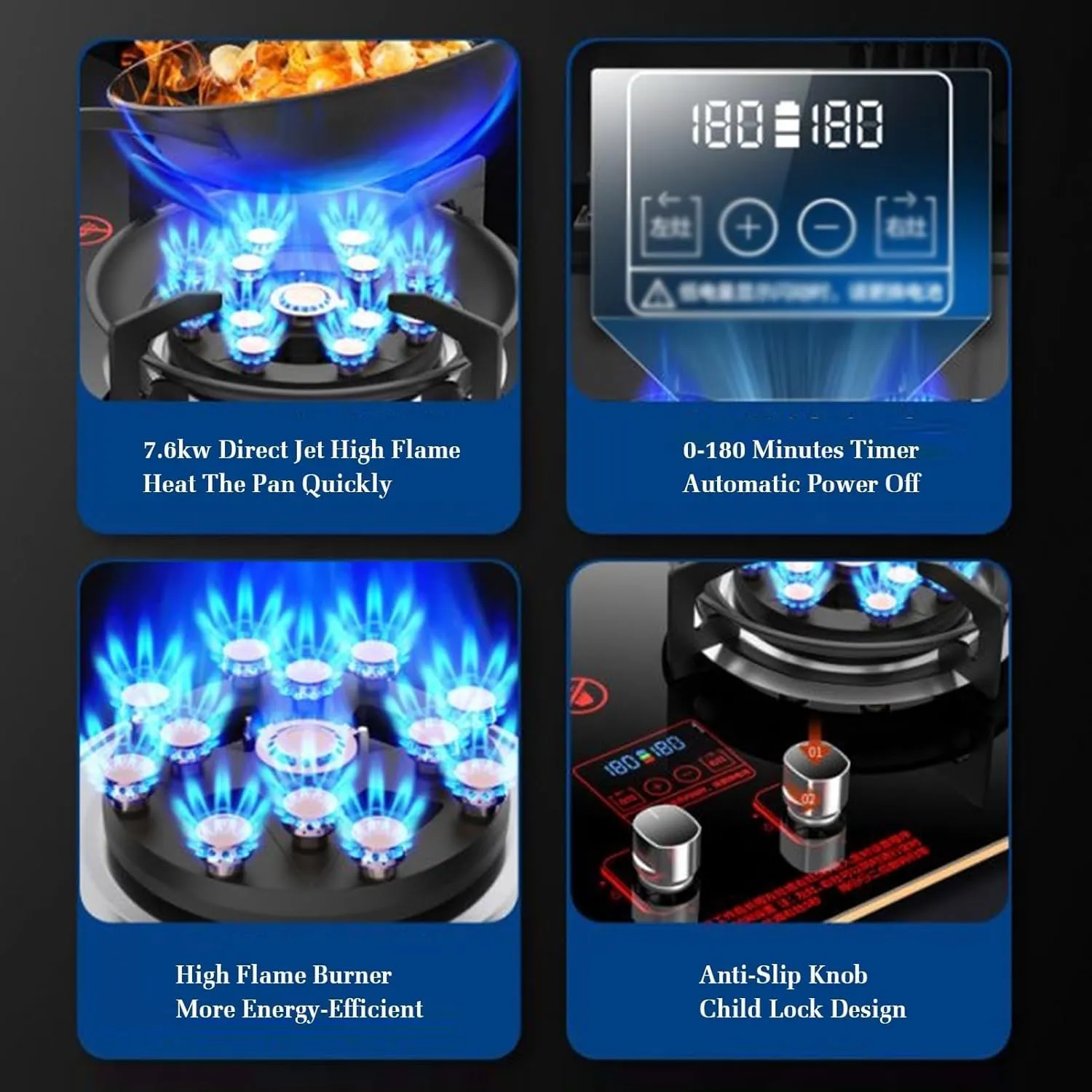Gas Stove 2 Burners Thirteen Chambers 7.6KW Tempered Glass Ignition Camping Dual Burner LPG/Natural Gas, Accidental Flameout Protection Device(LPG)