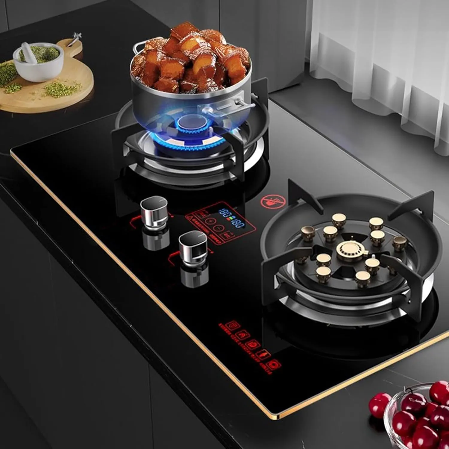Gas Stove 2 Burners Thirteen Chambers 7.6KW Tempered Glass Ignition Camping Dual Burner LPG/Natural Gas, Accidental Flameout Protection Device(LPG)