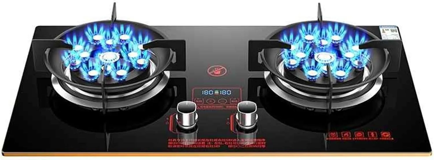 Gas Stove 2 Burners Thirteen Chambers 7.6KW Tempered Glass Ignition Camping Dual Burner LPG/Natural Gas, Accidental Flameout Protection Device(LPG)