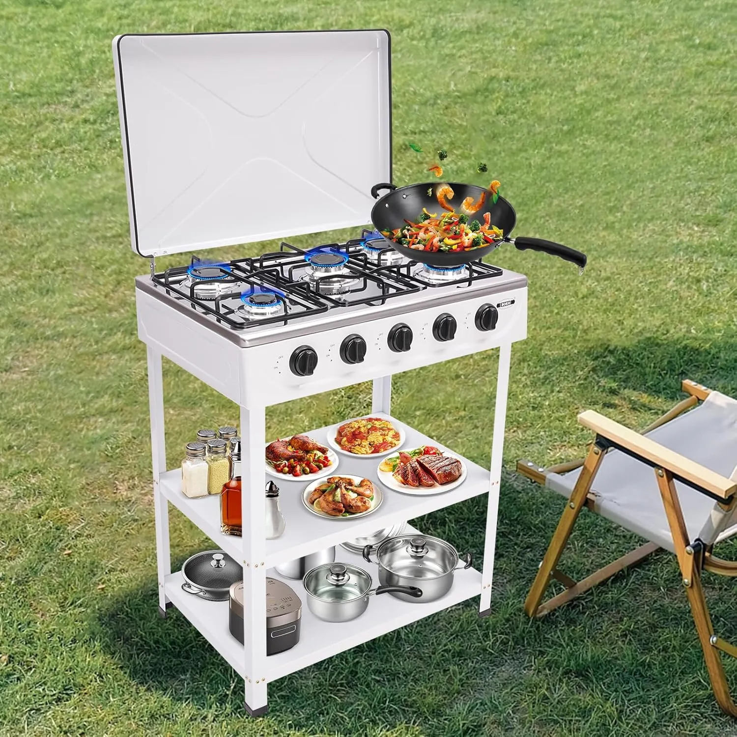 Gas Stove Portable Stove 5 Burners Support Leg Stand and Wind Blocking Cover Adapter LNG Fuel Stove Manual Ignition Stove for Home Outdoor Use, 25.2x17.5x32in (White, 5 Burners)