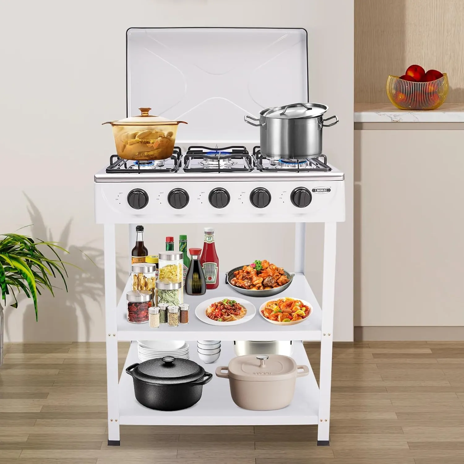 Gas Stove Portable Stove 5 Burners Support Leg Stand and Wind Blocking Cover Adapter LNG Fuel Stove Manual Ignition Stove for Home Outdoor Use, 25.2x17.5x32in (White, 5 Burners)