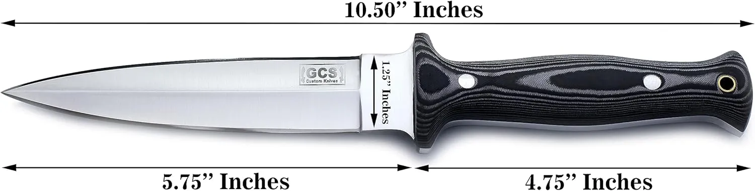 GCS Handmade Dagger Hunting Knife Full Tang Black Micarta Handle D2 Steel with Cowhide Right and Left Leather Sheath for Hunting, Camping, Bushcraft and EDC (DAGGER GCS-165)