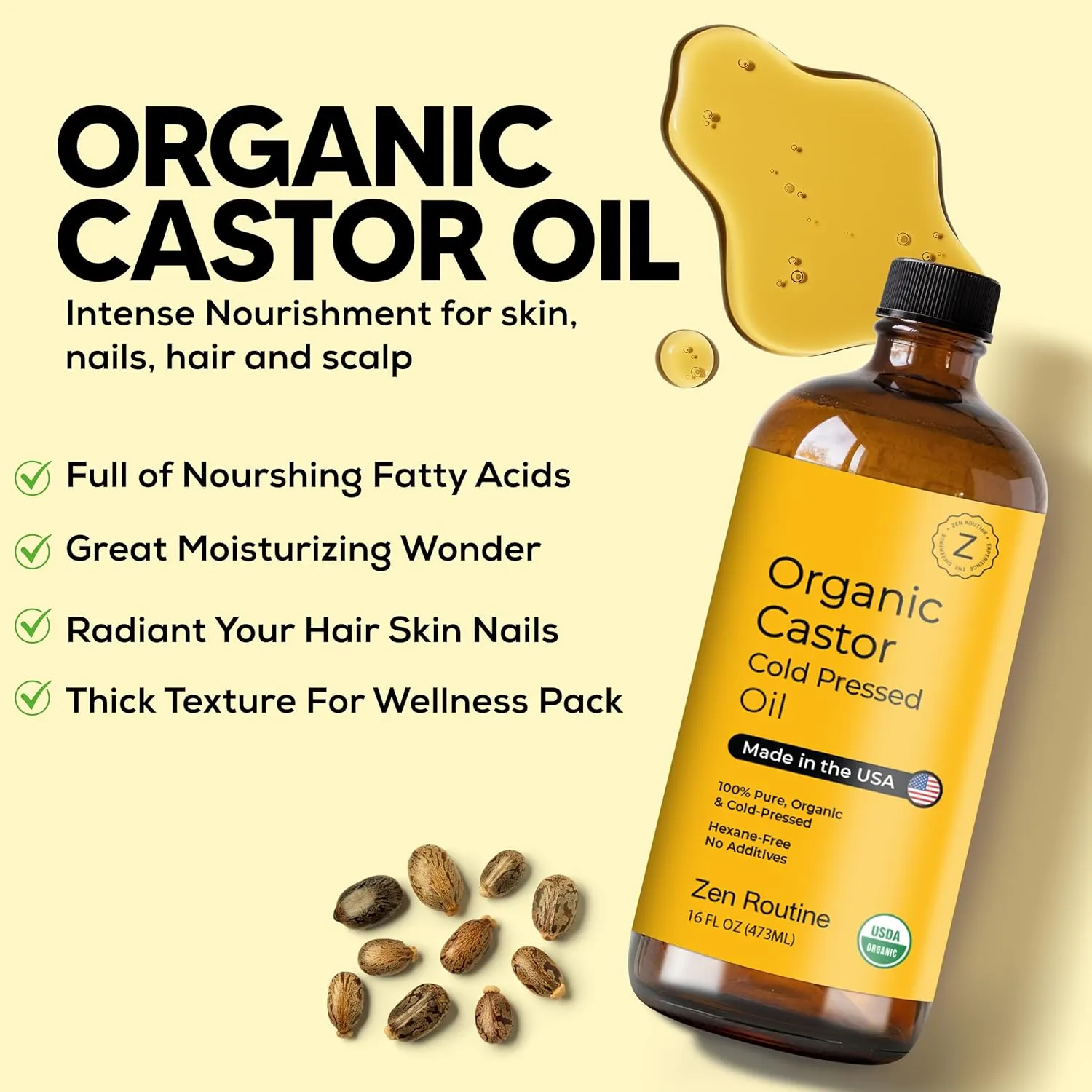 Glass Bottle Castor Oil, Hexane-Free, Organic Cold Pressed, Oil for Hair Growth, Eyelashes and Eyebrows, Hair and Body Oil, Glass Bottle, Carrier Oil, 16 Oz (Pack of 1)