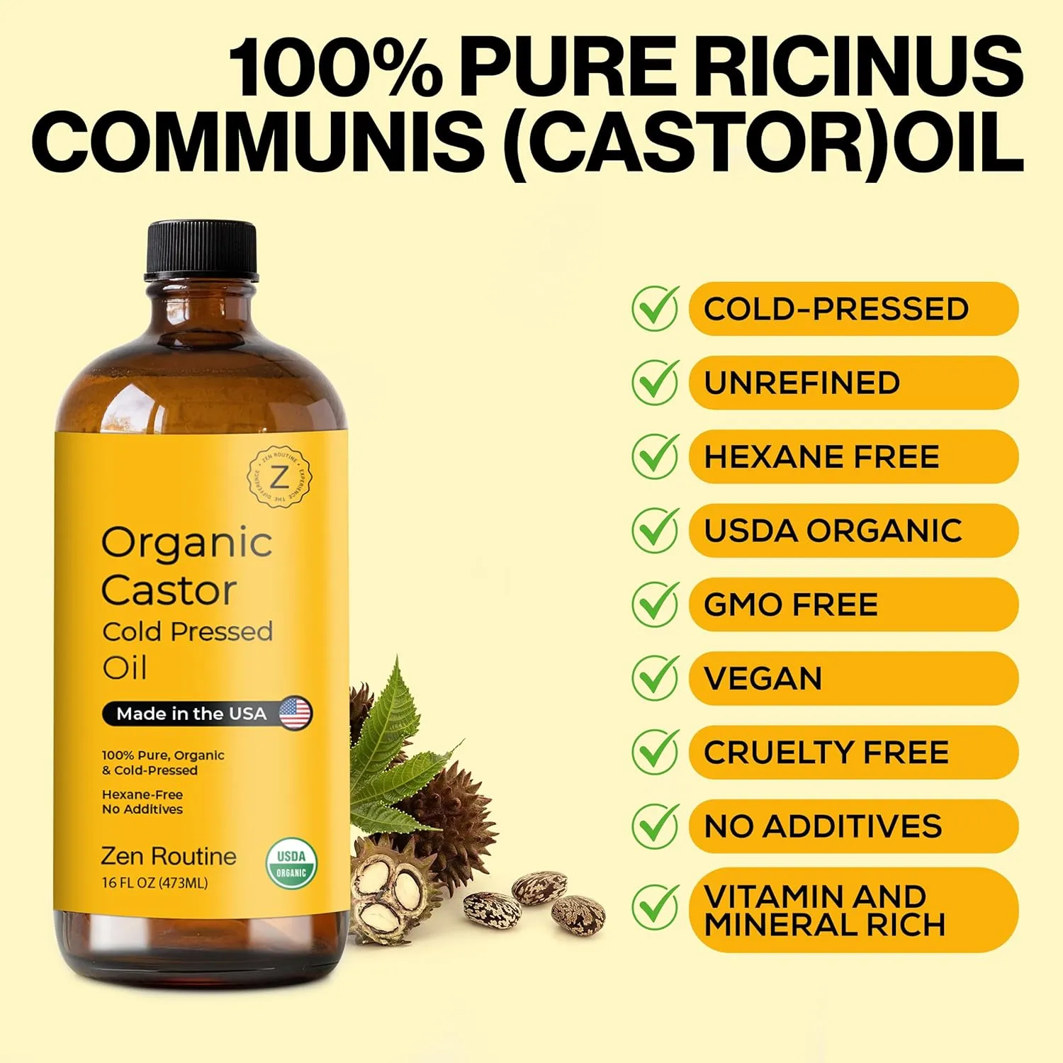 Glass Bottle Castor Oil, Hexane-Free, Organic Cold Pressed, Oil for Hair Growth, Eyelashes and Eyebrows, Hair and Body Oil, Glass Bottle, Carrier Oil, 16 Oz (Pack of 1)