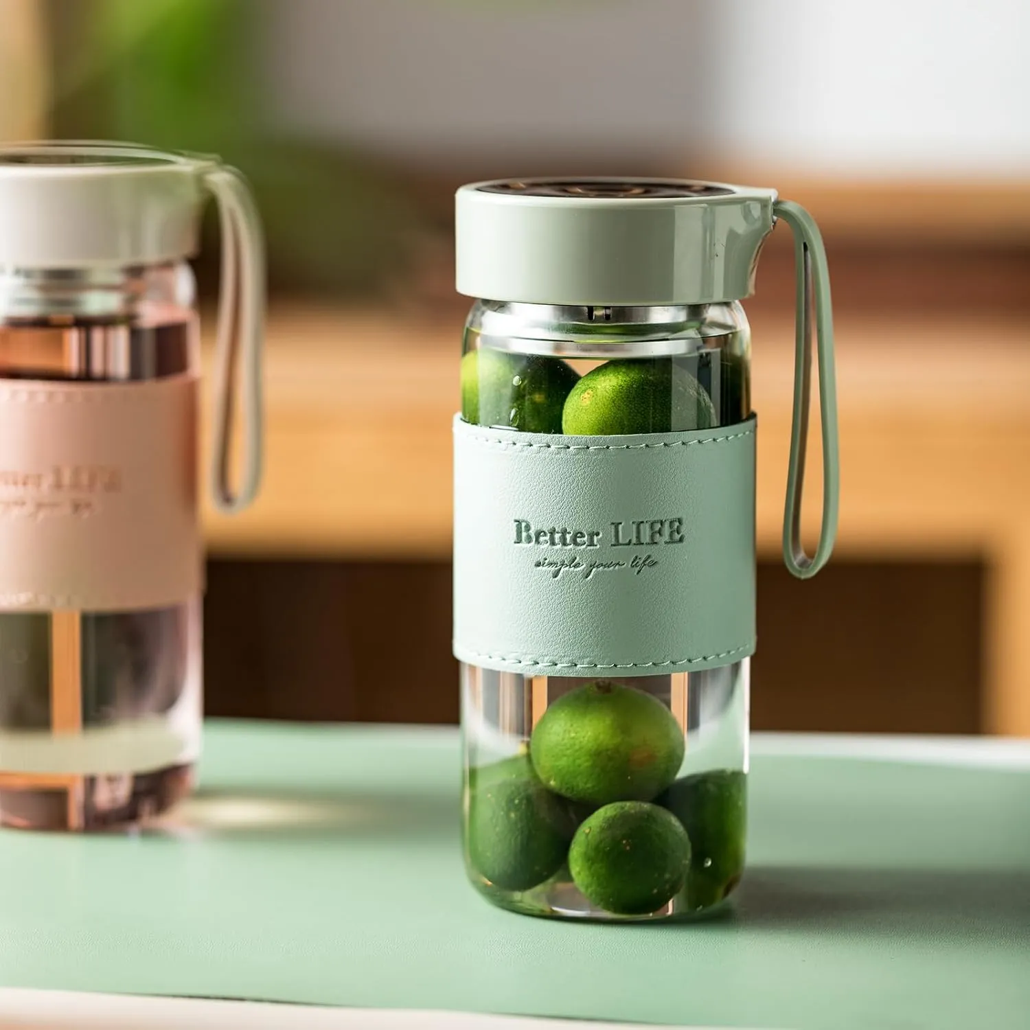 Glass tea bottle 16 oz drinking bottle with Non-Slip holster, and Stainless Tea leak, Leak Proof Lid for School, office, car，home,as a gift, etc (Blue Green)
