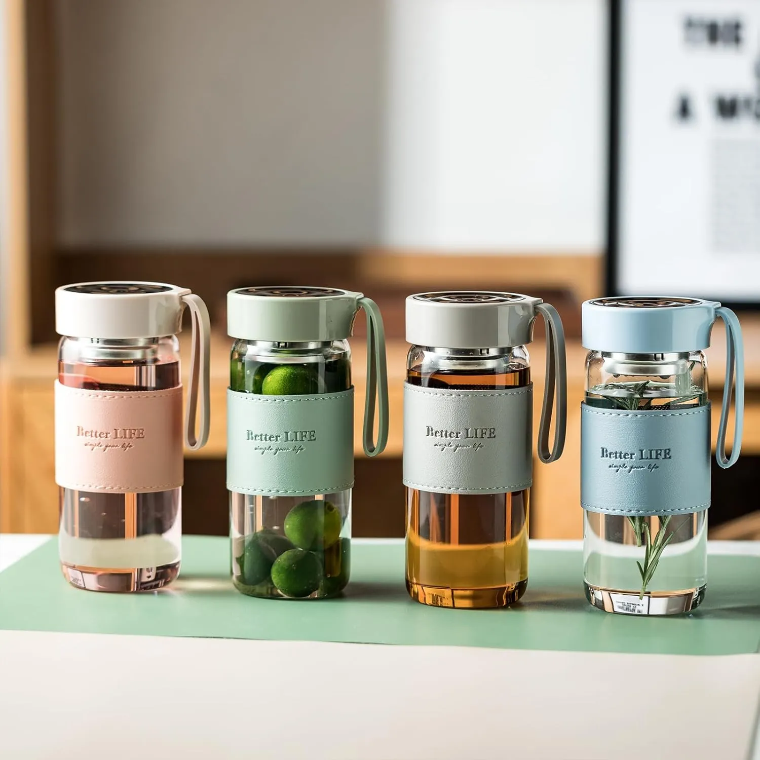 Glass tea bottle 16 oz drinking bottle with Non-Slip holster, and Stainless Tea leak, Leak Proof Lid for School, office, car，home,as a gift, etc (Blue Green)
