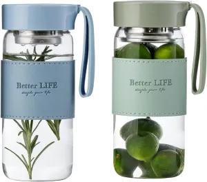 Glass tea bottle 16 oz drinking bottle with Non-Slip holster, and Stainless Tea leak, Leak Proof Lid for School, office, car，home,as a gift, etc (Blue Green)