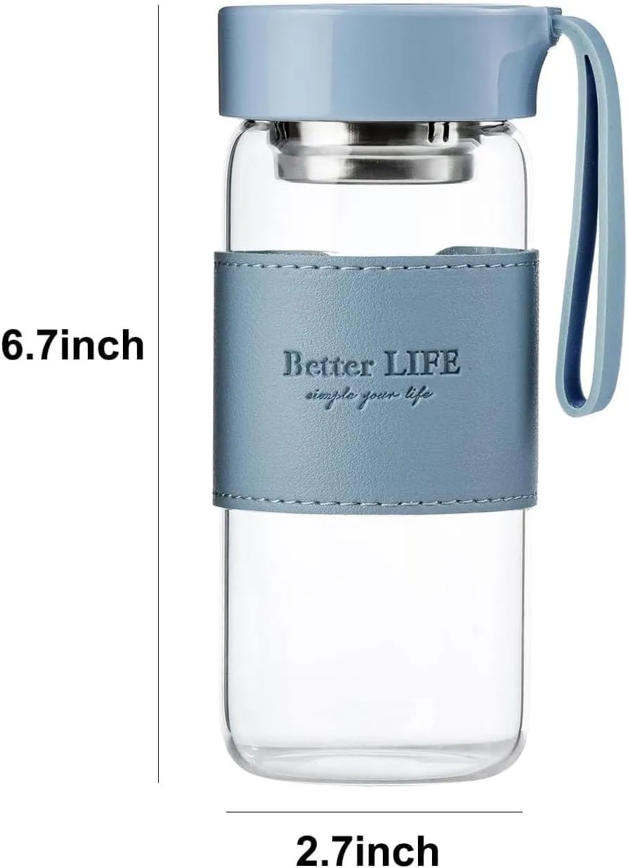 Glass tea bottle 16 oz drinking bottle with Non-Slip holster, and Stainless Tea leak, Leak Proof Lid for School, office, car，home,as a gift, etc (Blue Green)