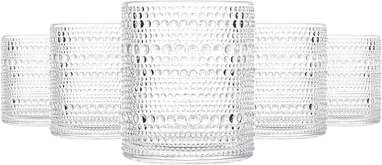 Glassware Set of 6, 13 OZ/390ml Hobnail Kitchen Glassware, Embossed Vintage Glass for Water, Cocktail, Soda, Beverage, Juice