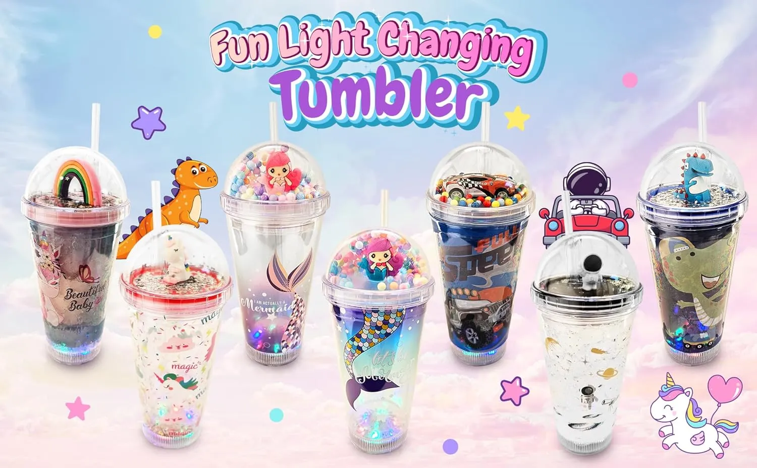 Glow Party Cups for Kids Light Up Tumbler Magic Cup with LED Glow in the Dark Water Drinking Bottle 16oz with Lids and Straws (Racing Car)