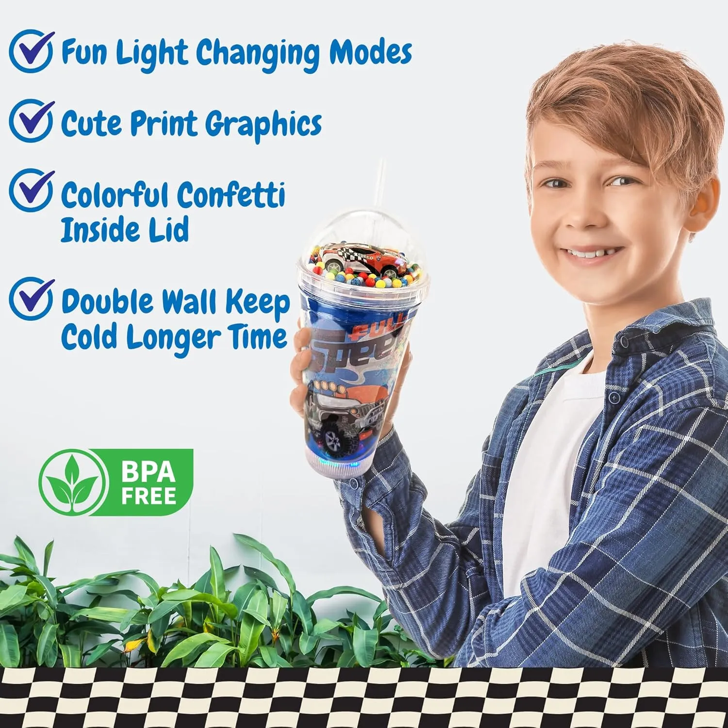 Glow Party Cups for Kids Light Up Tumbler Magic Cup with LED Glow in the Dark Water Drinking Bottle 16oz with Lids and Straws (Racing Car)