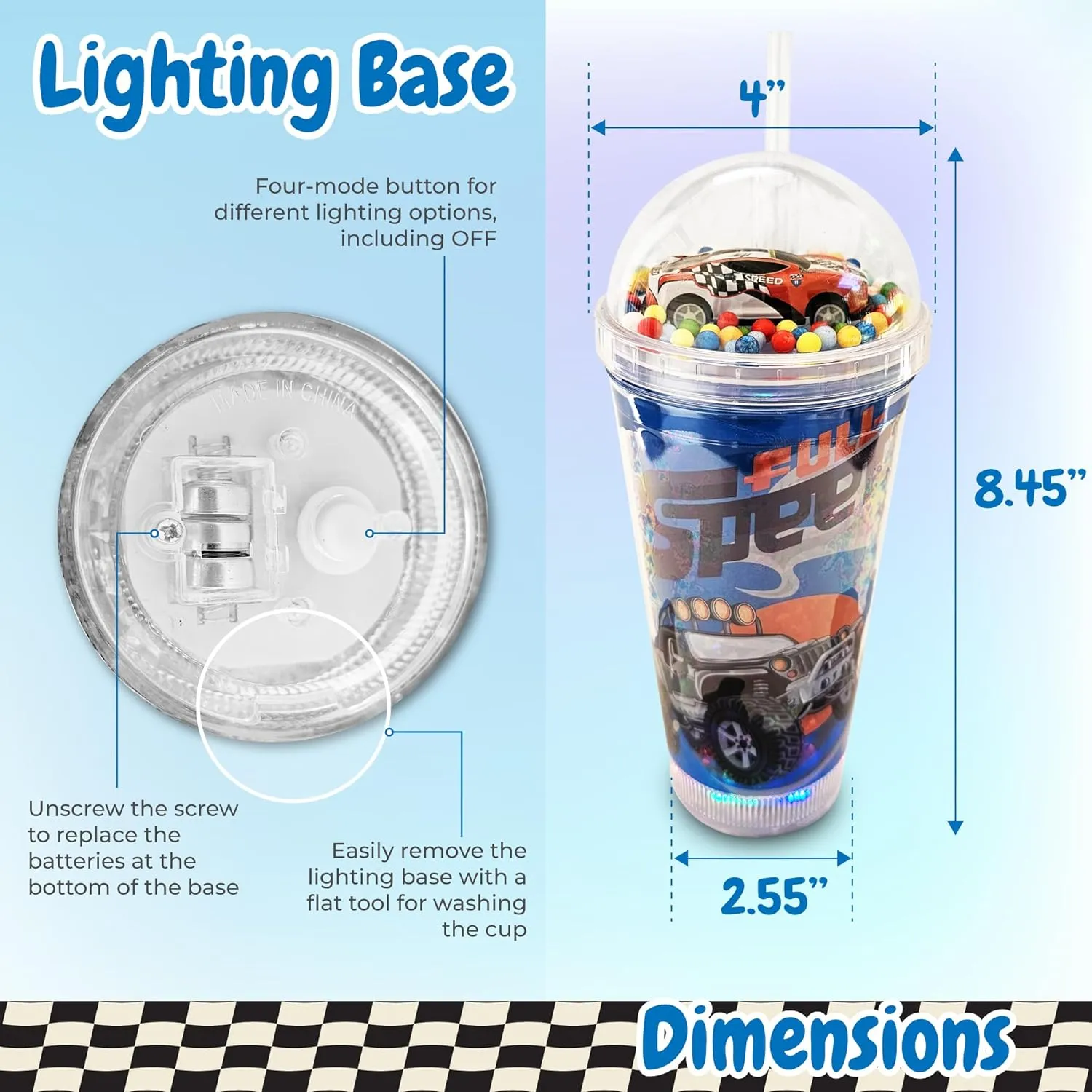 Glow Party Cups for Kids Light Up Tumbler Magic Cup with LED Glow in the Dark Water Drinking Bottle 16oz with Lids and Straws (Racing Car)