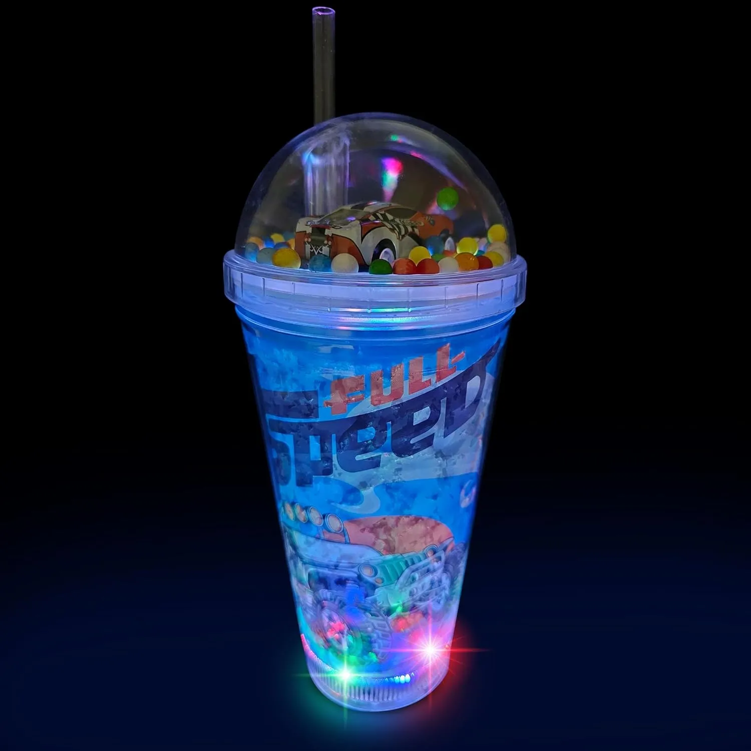 Glow Party Cups for Kids Light Up Tumbler Magic Cup with LED Glow in the Dark Water Drinking Bottle 16oz with Lids and Straws (Racing Car)
