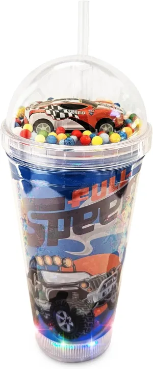 Glow Party Cups for Kids Light Up Tumbler Magic Cup with LED Glow in the Dark Water Drinking Bottle 16oz with Lids and Straws (Racing Car)