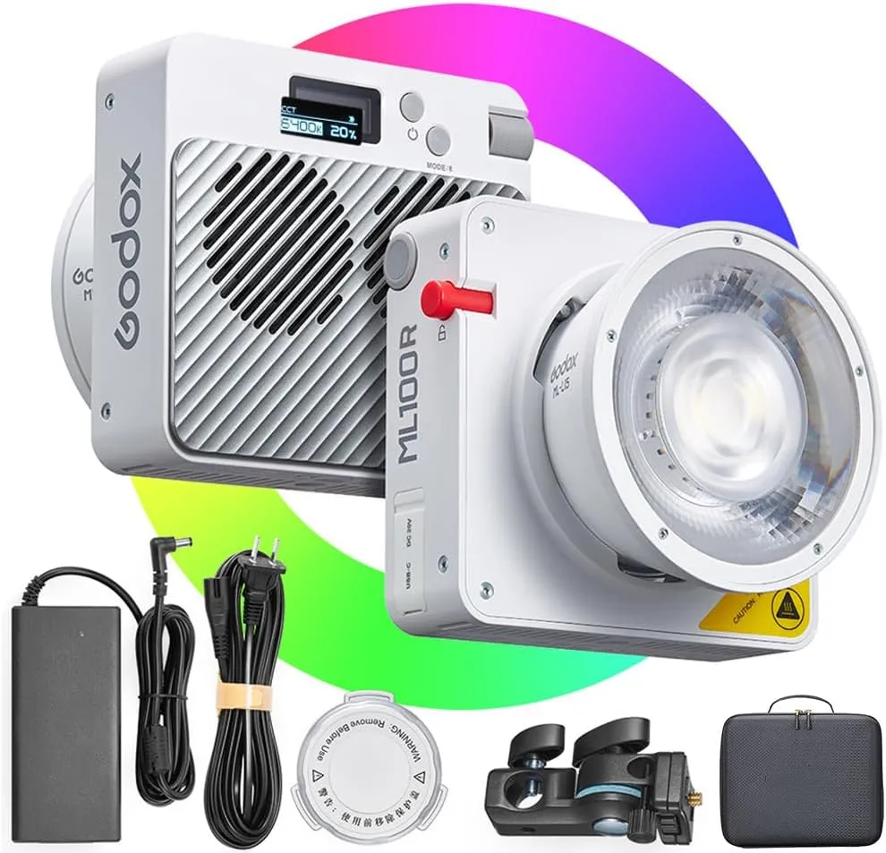 Godox ML100R RGB LED Light 110W, Godox ML100 Video Light 1800K-10000K Full Color, CRI 97  TLCI 98 , APP Control, 14 FX Effects, USB-C Charging, for YouTube/Filming/Live Streaming/Outdooro Photography