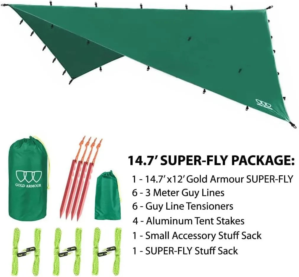 Gold Armour Rainfly Tarp Hammock, Premium 14.7ft/12ft/10ft/8ft Rain Fly Cover, Waterproof Ultralight Camping Shelter Canopy, Survival Equipment Gear Camping Tent Accessories (Green 14.7ft x 12ft)