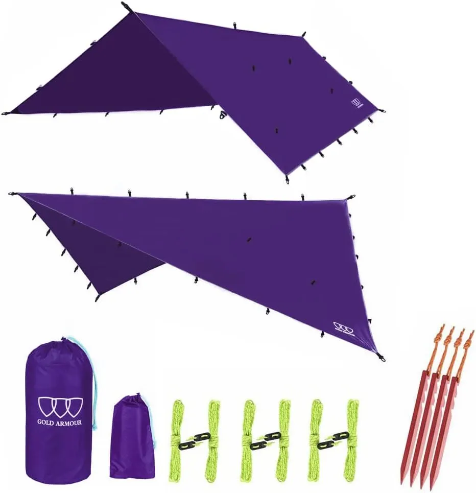 Gold Armour Rainfly Tarp Hammock, Premium 14.7ft/12ft/10ft/8ft Rain Fly Cover, Waterproof Ultralight Camping Shelter Canopy, Survival Equipment Gear Camping Tent Accessories (Purple 14.7ft x 12ft)
