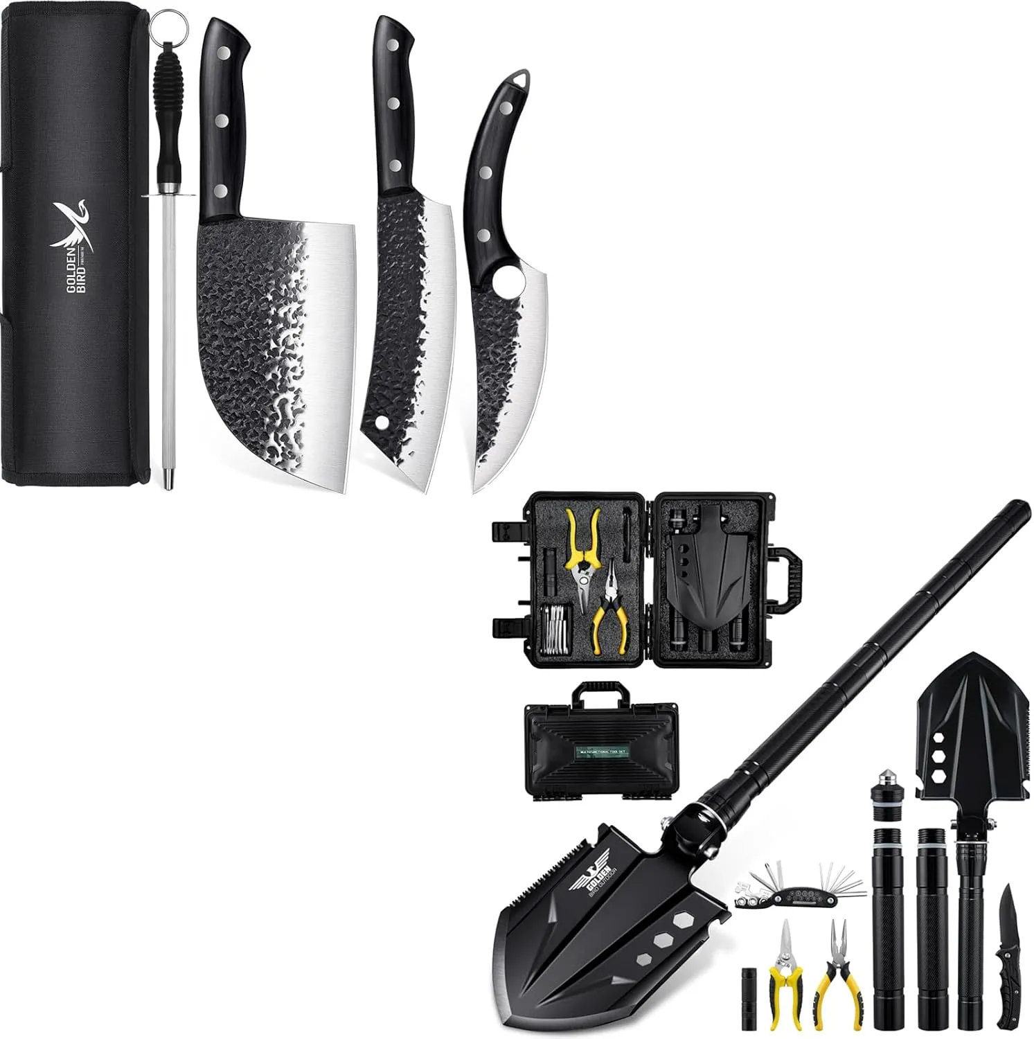 Golden Bird 4 Pcs Butcher Knife Set & Multi-Tool Folding Camping Shovel Set