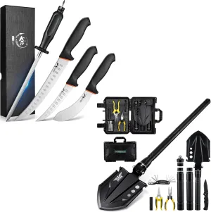 Golden Bird 4 PCS Butcher Knife Set & Multi-Tool Folding Camping Shovel Set