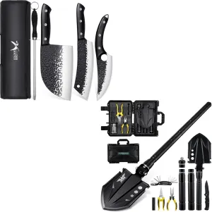 Golden Bird 4 Pcs Butcher Knife Set & Multi-Tool Folding Camping Shovel Set