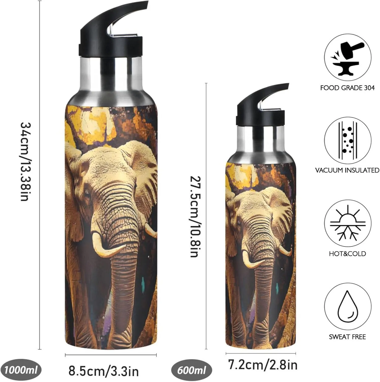 Golden Elephant Tree Print Sports Bottle with Straw and Carry Loop for Gym, Camping, Workout, and Outdoors，Insulated Water Bottle Jug for All Day Hydration