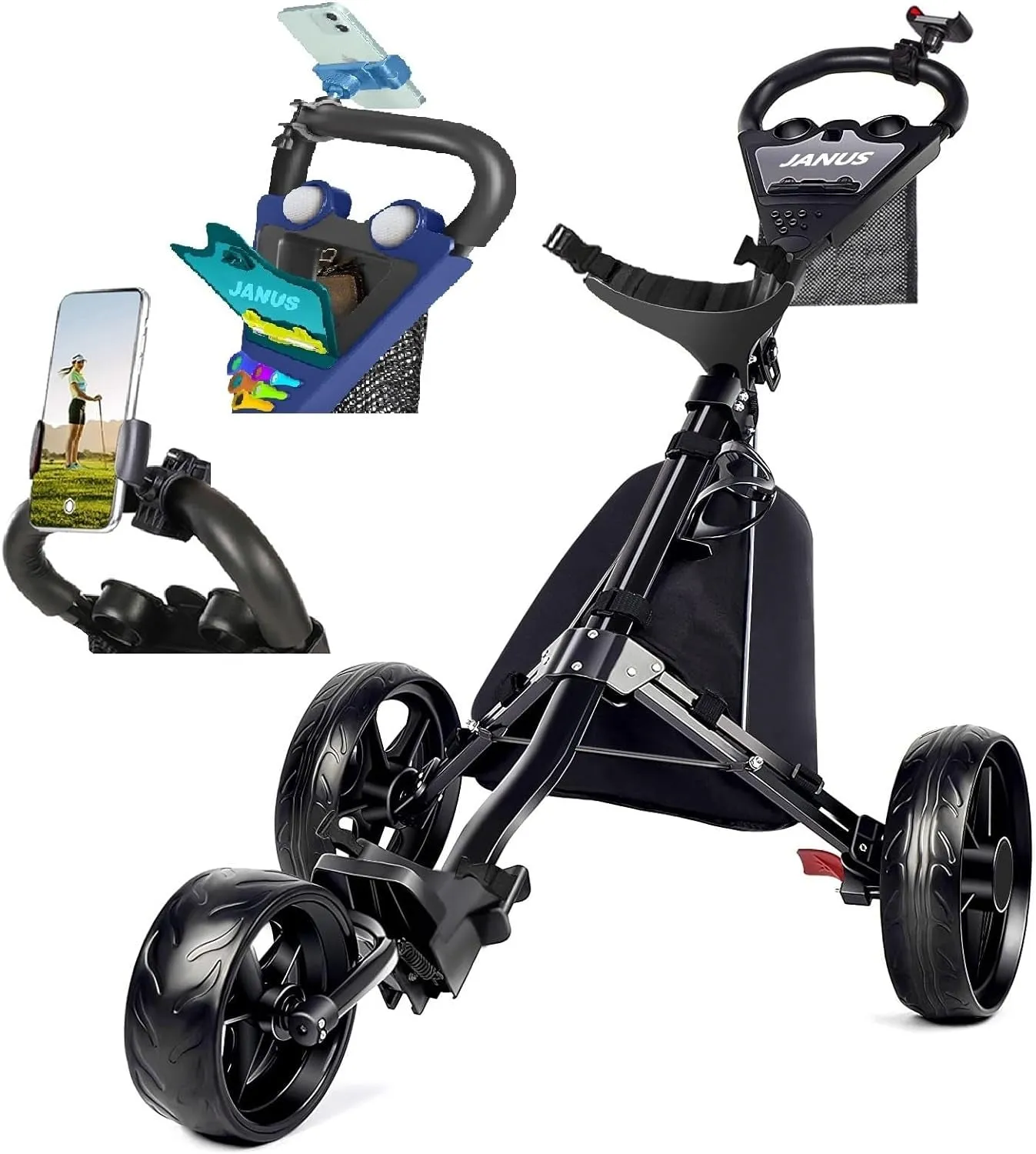 Golf Cart, Foldable Golf Push Cart, Golf Bag Cart, Fits Golf Stand Bag and Golf Cart Bags, Golf Caddy Cart with Optional Large Wing or Small Wing, Includes Ice Bag