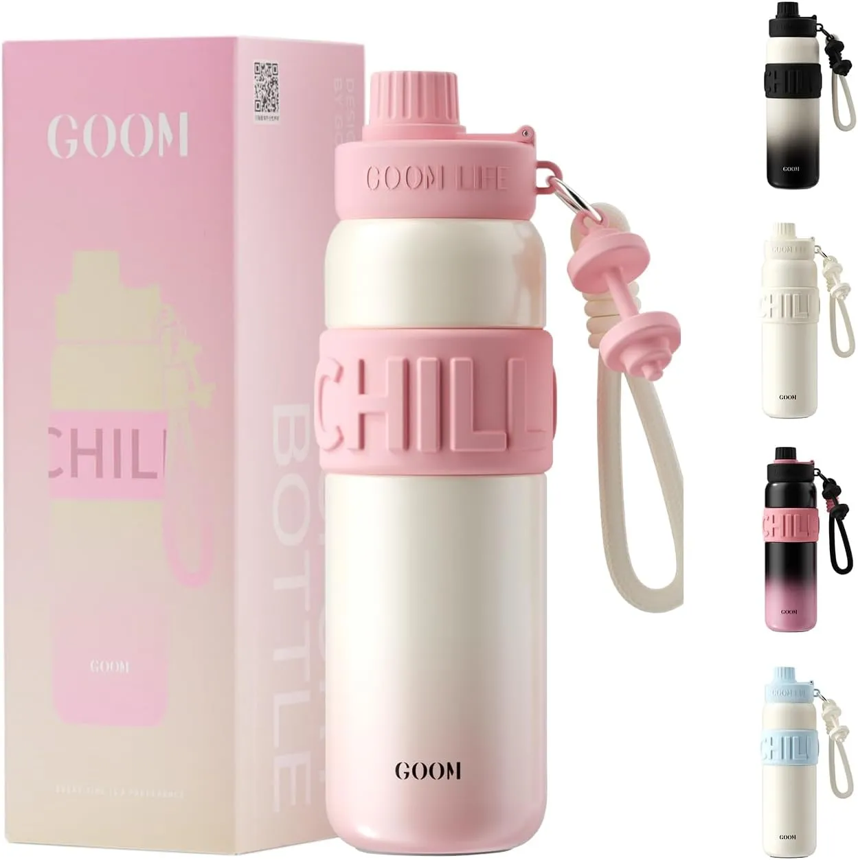 GOOM Chill 24 oz Insulated Water Bottle, 18/10 Stainless Steel Waterbottle with Straw and Straw Cap, Leak Proof Water Bottles for Men, Women, Gifts for Mom, Her—White, Pink