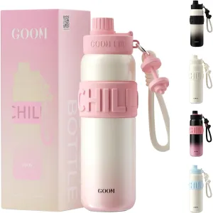 GOOM Chill 24 oz Insulated Water Bottle, 18/10 Stainless Steel Waterbottle with Straw and Straw Cap, Leak Proof Water Bottles for Men, Women, Gifts for Mom, Her—White, Pink