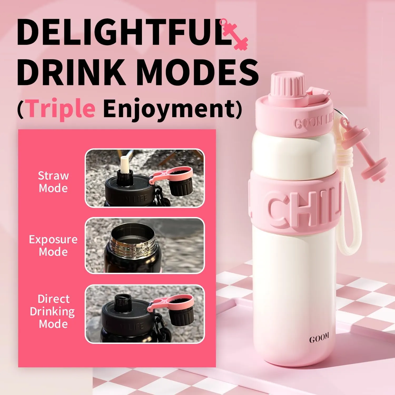GOOM Chill 24 oz Insulated Water Bottle, 18/10 Stainless Steel Waterbottle with Straw and Straw Cap, Leak Proof Water Bottles for Men, Women, Gifts for Mom, Her—White, Pink