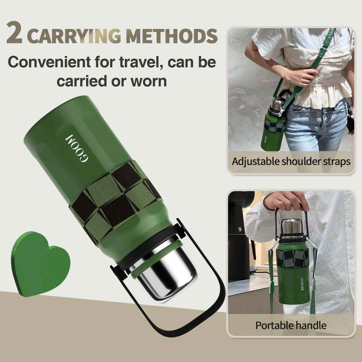 GOOM The Grip 32 oz Water Bottles for Hot and Cold Drinks,18/10 Stainless Steel Insulated Water Bottle with Lid, Carrying Strap,Strainer,7-Layer Insulation,Wide Mouth - Green