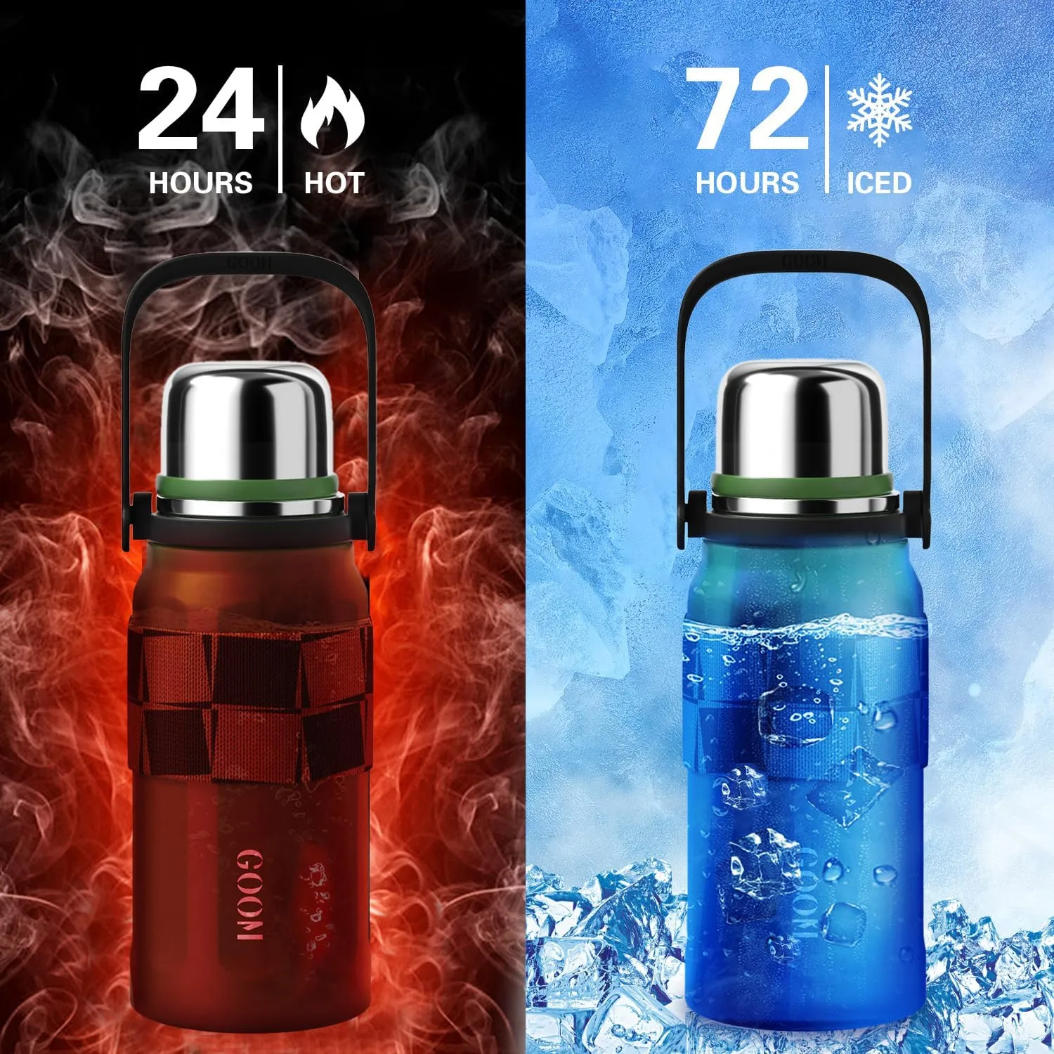 GOOM The Grip 32 oz Water Bottles for Hot and Cold Drinks,18/10 Stainless Steel Insulated Water Bottle with Lid, Carrying Strap,Strainer,7-Layer Insulation,Wide Mouth - Green