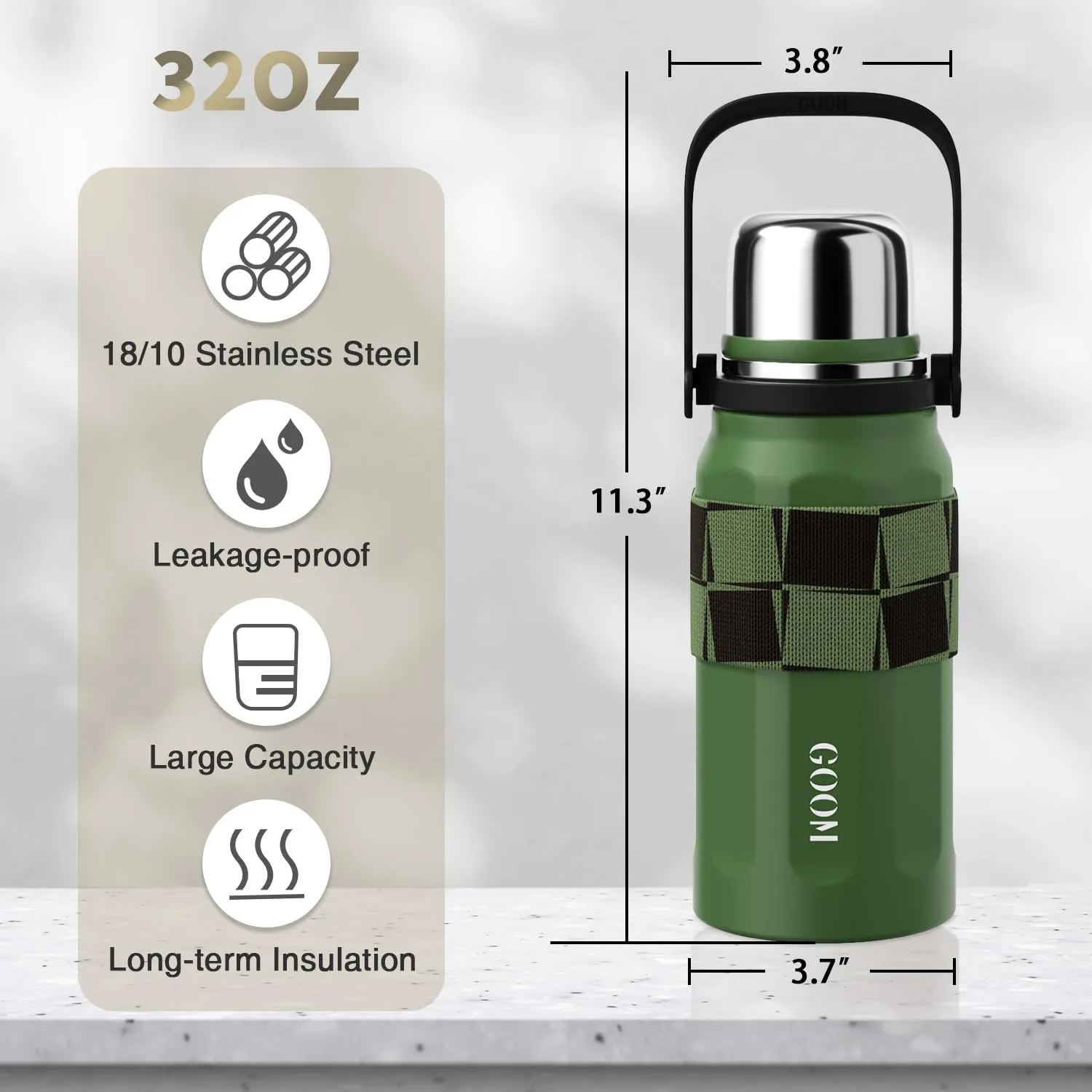 GOOM The Grip 32 oz Water Bottles for Hot and Cold Drinks,18/10 Stainless Steel Insulated Water Bottle with Lid, Carrying Strap,Strainer,7-Layer Insulation,Wide Mouth - Green