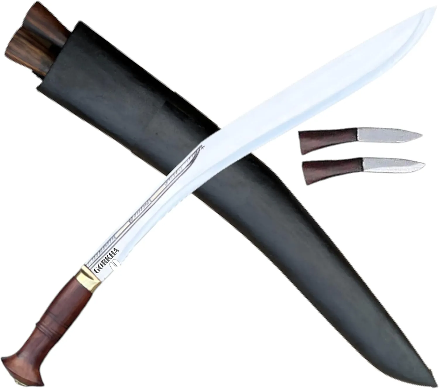 Gorkha Sirupate Kukri Knife With Sheath & 2 Small Knives, Carbon Steel 17 IN Fixed Blade, Overall 24 IN (Hiking, Bush crafting, Camping, Indoor & Outdoor) Heavy Duty Knife Hand-Hammered In Nepal