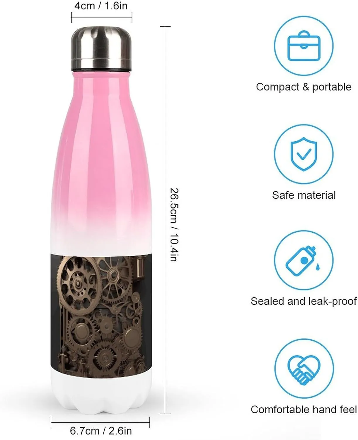 Gradient Stainless Steel Bottle, Steampunk Mechanical Gears Print Sports Bottle Perfect for Travel, Beach, Sports, And Everyday Hydration