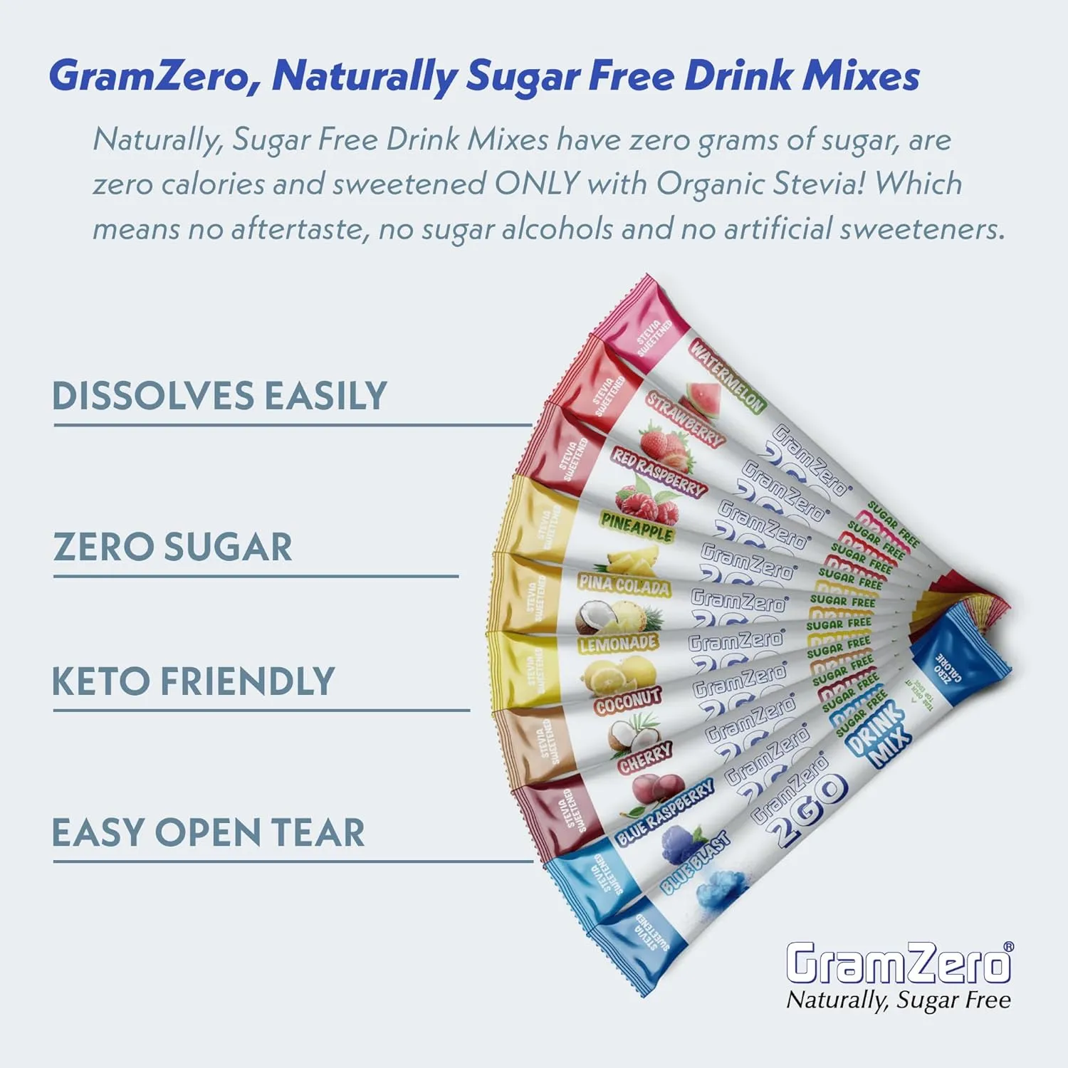 GramZero 2GO Sticks - Variety Pack, Zero Calorie Sugar Free Drink Mix, Stevia Sweetened, Great For Nutrition Club Loaded Tea To Go Kits