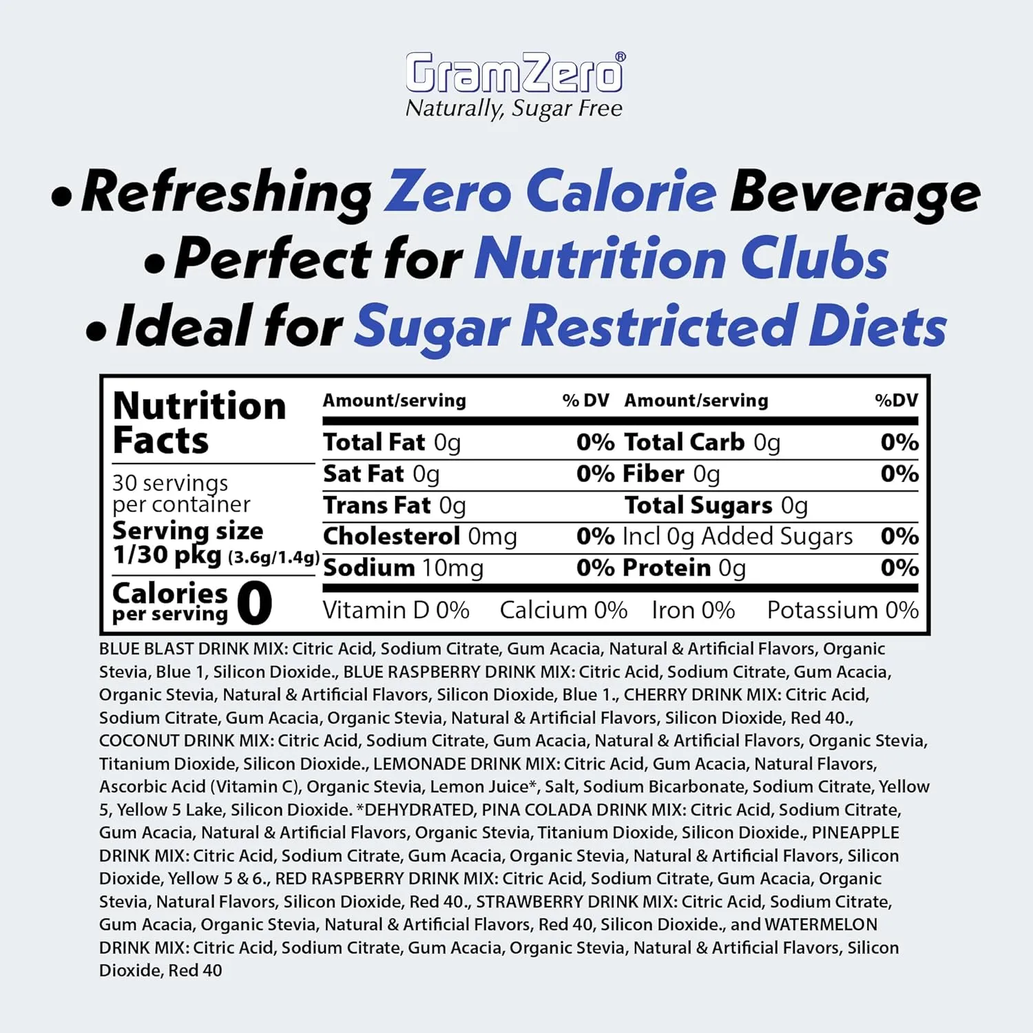 GramZero 2GO Sticks - Variety Pack, Zero Calorie Sugar Free Drink Mix, Stevia Sweetened, Great For Nutrition Club Loaded Tea To Go Kits