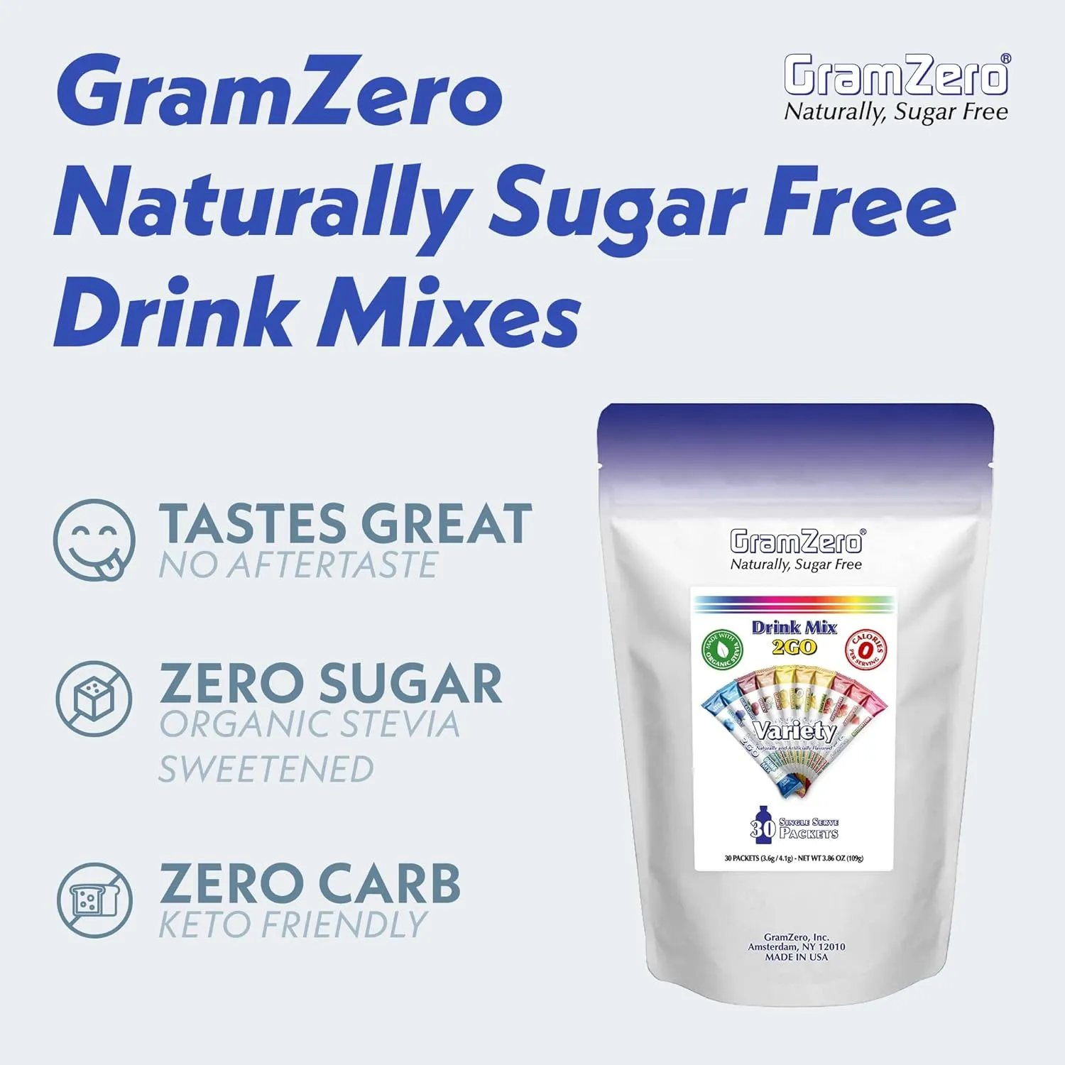 GramZero 2GO Sticks - Variety Pack, Zero Calorie Sugar Free Drink Mix, Stevia Sweetened, Great For Nutrition Club Loaded Tea To Go Kits