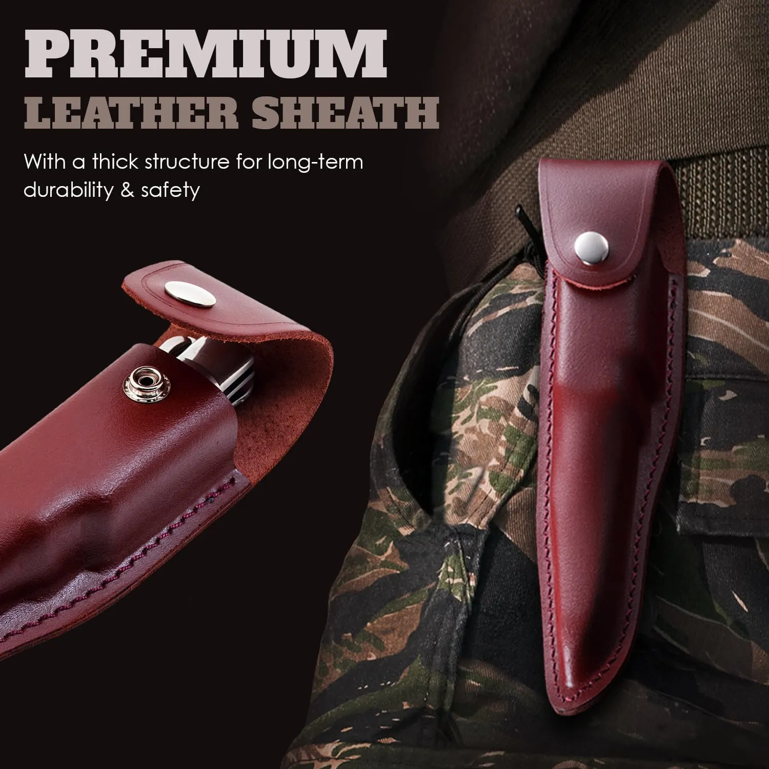 Grand Way 12.2" Retro Folding Knife with Wood Handle & Leather Sheath - 7.8" Long Foldable Sharp Blade - Large Pocket Knife for Men Camping Hunting Survival Work 12 KG