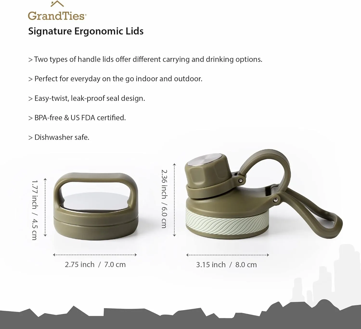 GRANDTIES 2 Lids Sports Stainless Steel Water Bottles – Wide Mouth Vacuum Insulated Reusable Leak Proof BPA-Free Travel Metal Canteen, Thermos Bottles for Men Women Gym (Olive Green 32 oz)